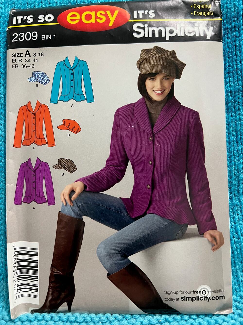 Simplicity 2309 pattern suit blazer fleece hat size 8-10
